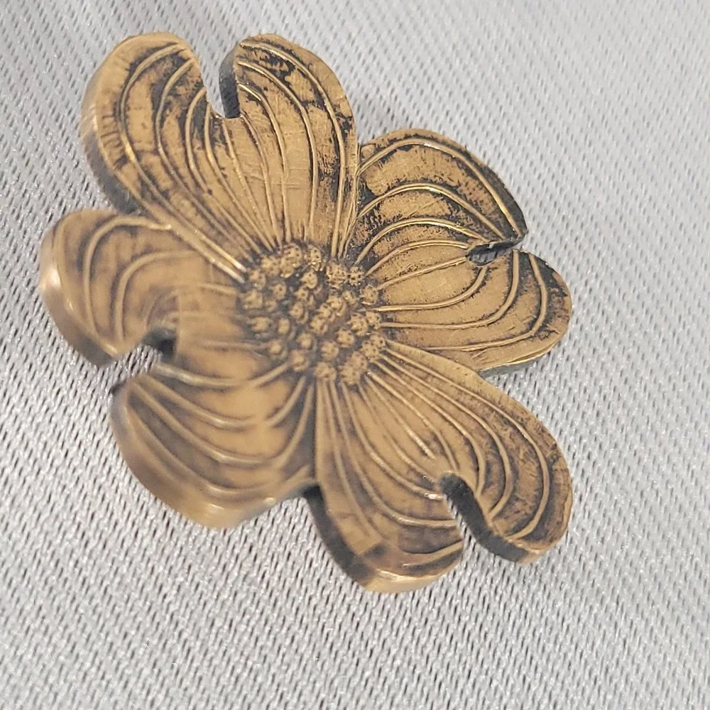 WAF Dogwood Flower Brooch Womens Antiqued Bronze Tone Floral Pin